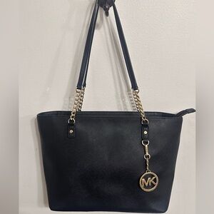 Michael Kors Shania Large East West Chain Saffiano Black Leather Tote